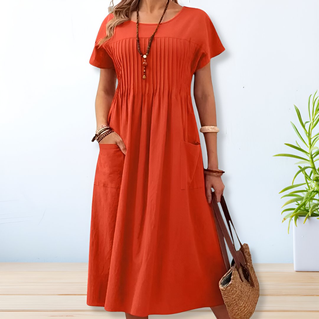 Women's Pleated Midi Dress Short Sleeve Pocket Summer Casual