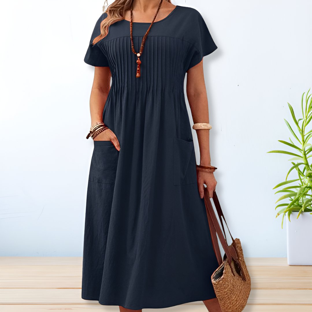 Women's Pleated Midi Dress Short Sleeve Pocket Summer Casual