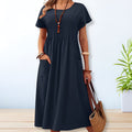 Women's Pleated Midi Dress Short Sleeve Pocket Summer Casual