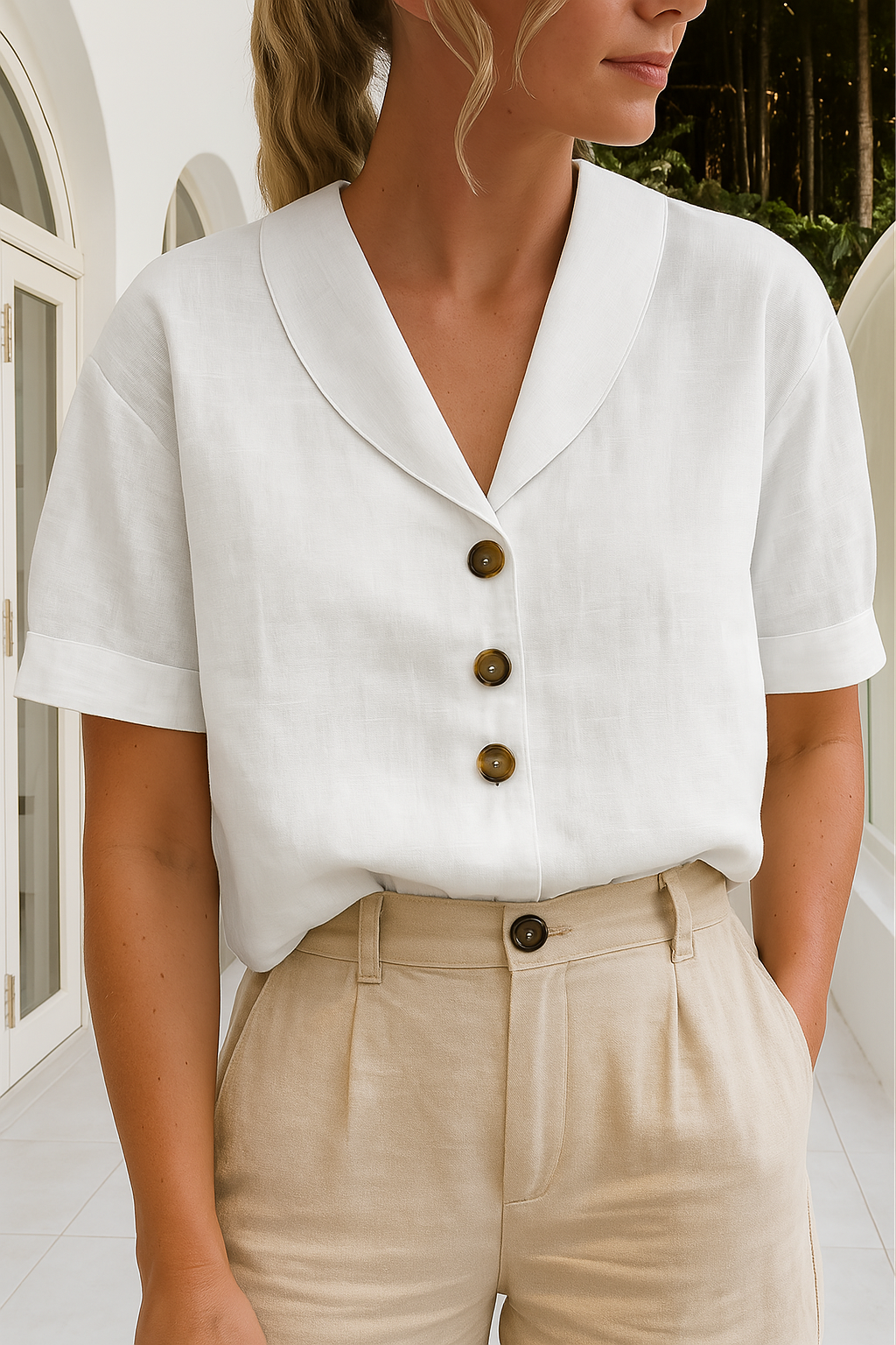 Women's  Button Up Blouse Casual Short Sleeve V-neck Summer Top