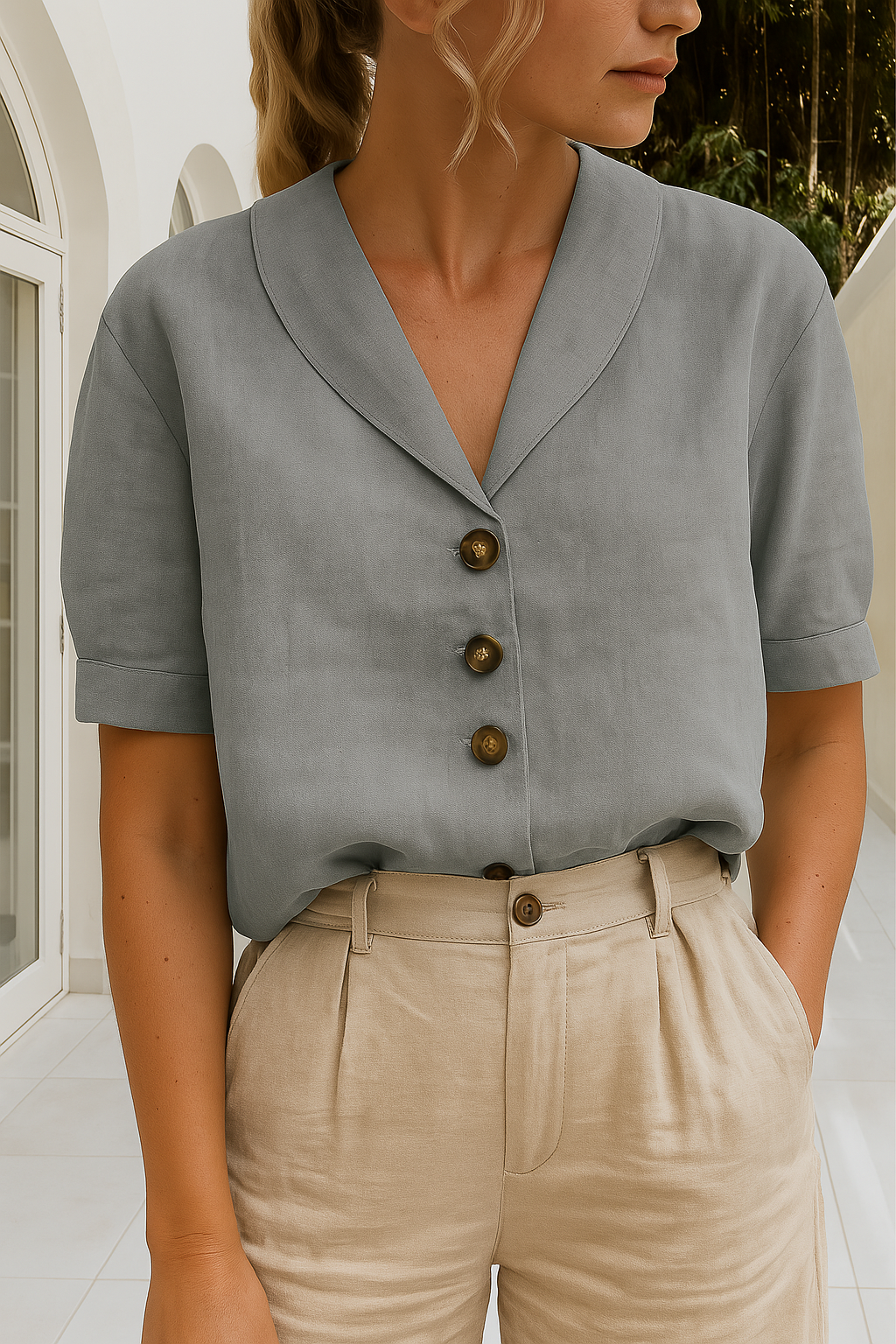 Women's  Button Up Blouse Casual Short Sleeve V-neck Summer Top