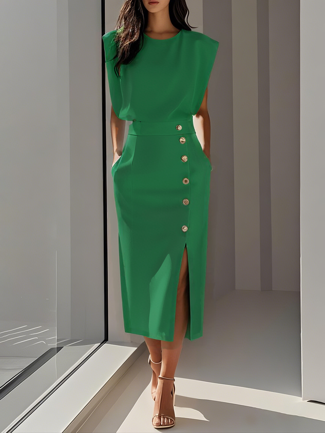 Women's Tailored Midi Wedding Guest Dress High Waist