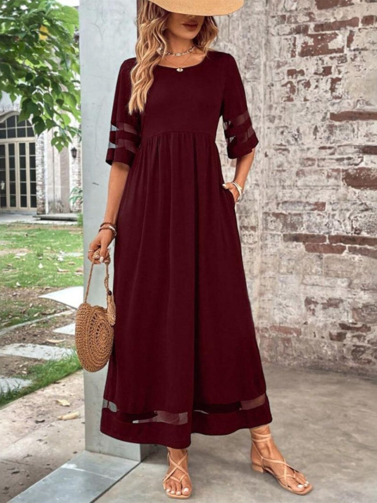Women's Midi Wedding Guest Dress Flattering Mesh Accent