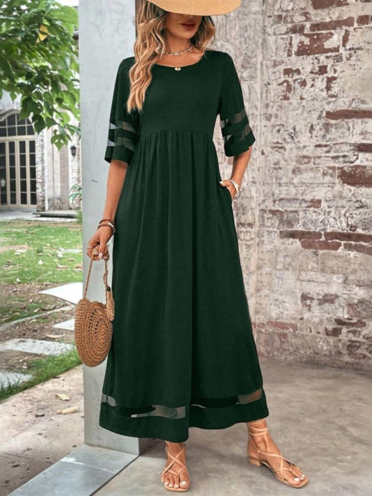 Women's Midi Wedding Guest Dress Flattering Mesh Accent