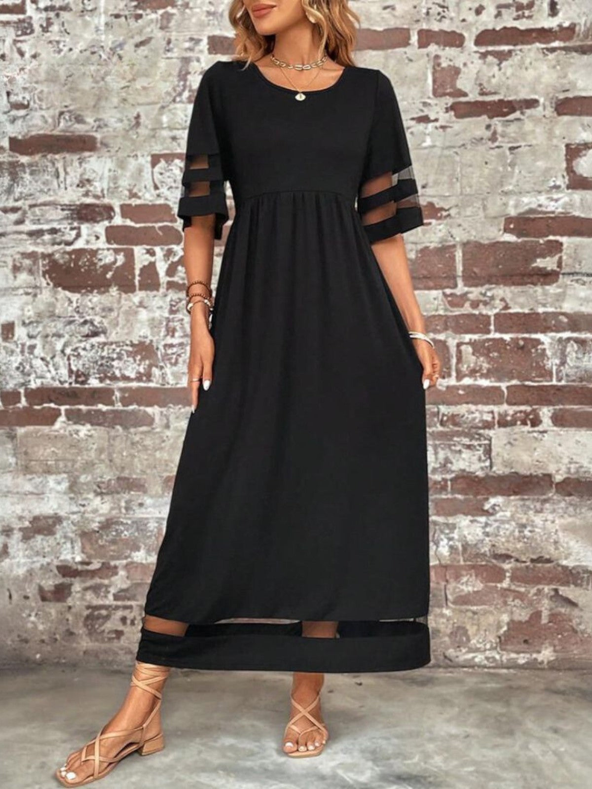 Women's Midi Wedding Guest Dress Flattering Mesh Accent