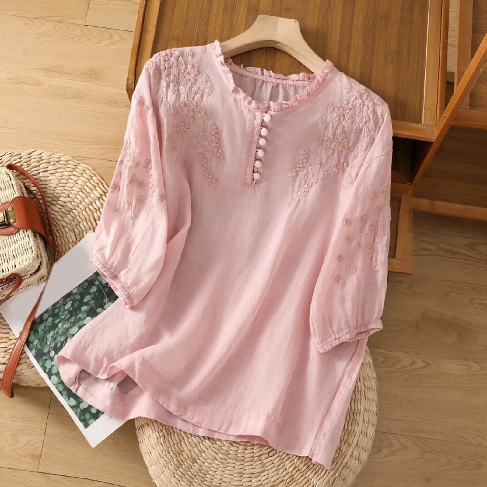 Women's Embroidered Blouse Button Front 3/4 Sleeve Peasant Top