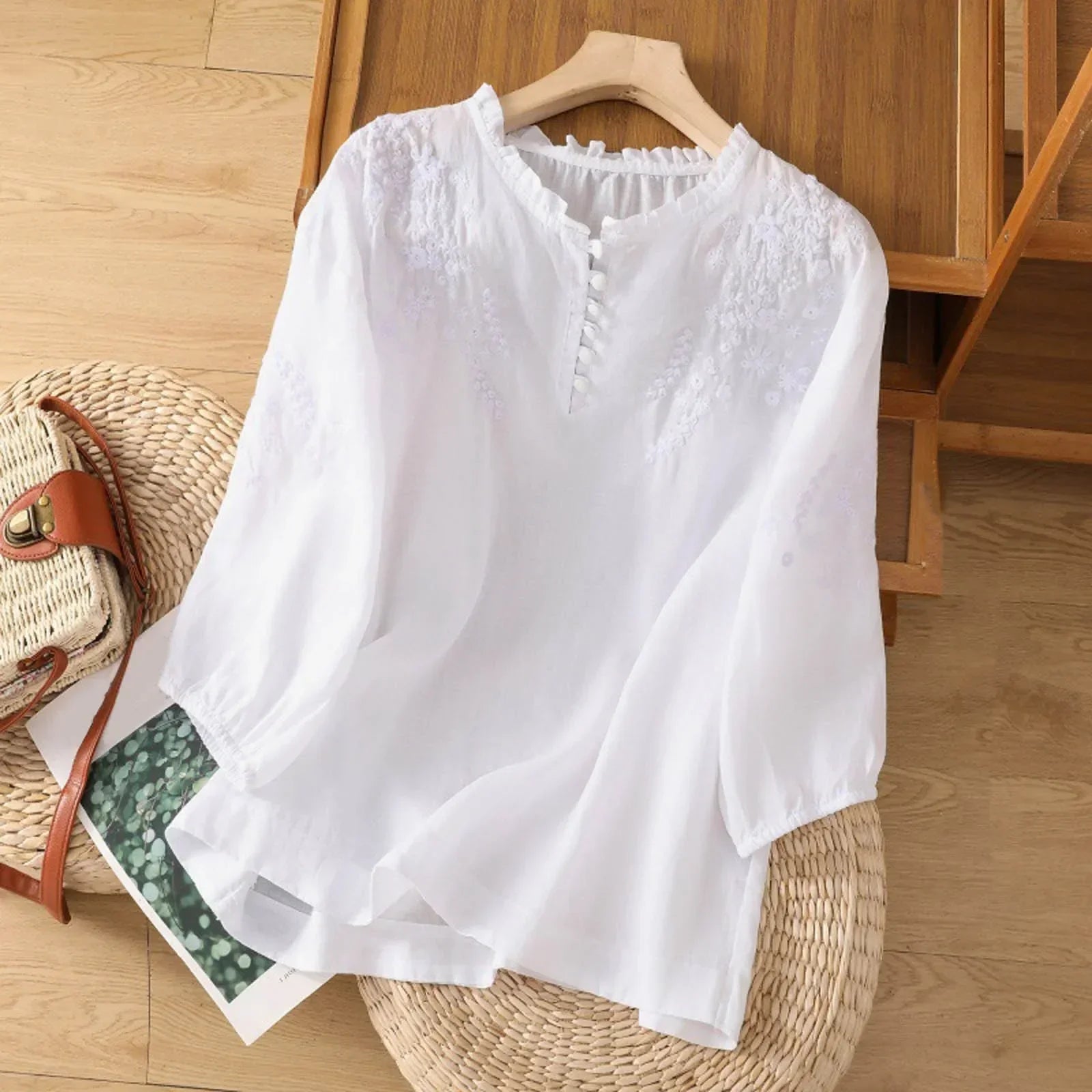 Women's Embroidered Blouse Button Front 3/4 Sleeve Peasant Top