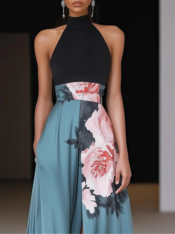 Women's Halter Neck A-Line Maxi Dress High Slit Color Block Evening Gown