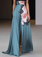 Women's Halter Neck A-Line Maxi Dress High Slit Color Block Evening Gown