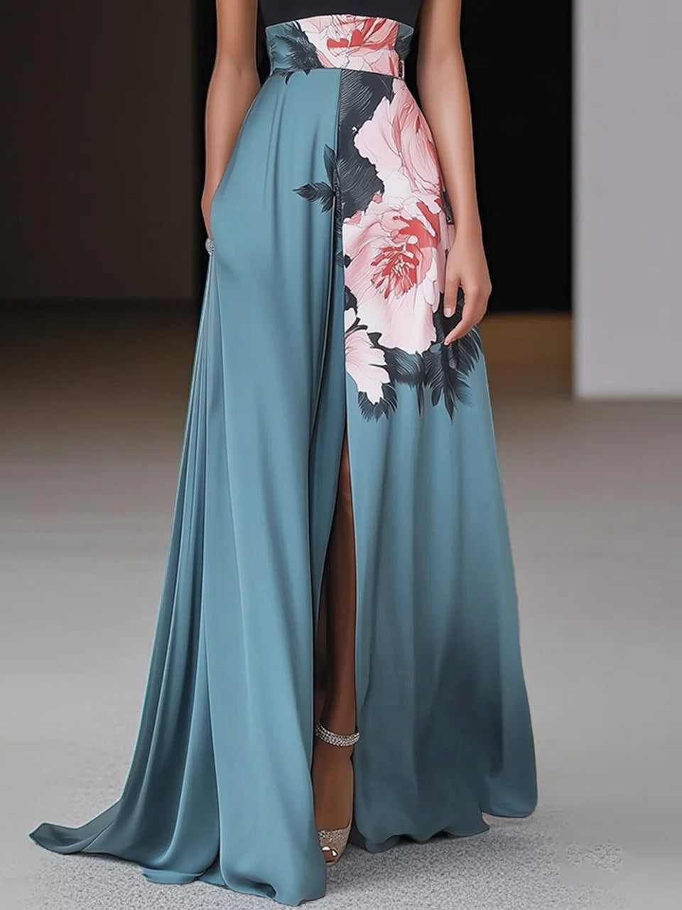 Women's Halter Neck A-Line Maxi Dress High Slit Color Block Evening Gown