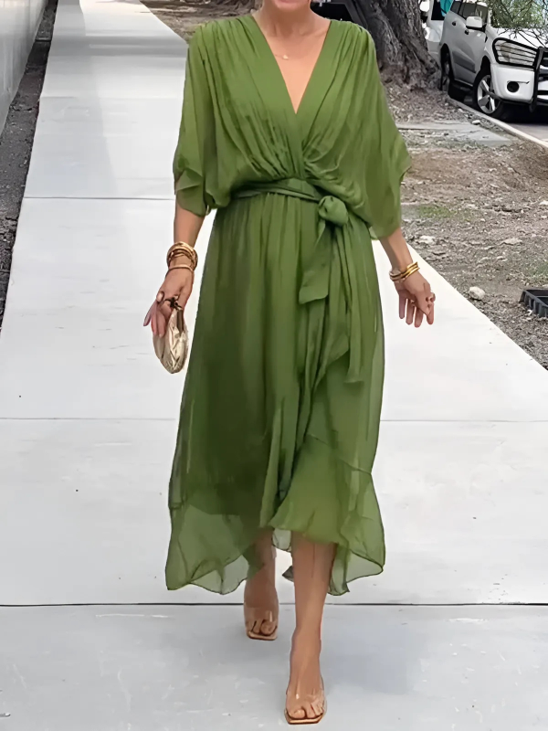 Women's Wrap Midi Dress Elegant Front Tie Waist Flowing Summer Cocktail