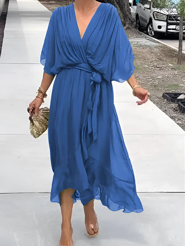 Women's Wrap Midi Dress Elegant Front Tie Waist Flowing Summer Cocktail