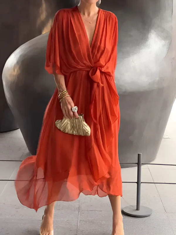 Women's Wrap Midi Dress Elegant Front Tie Waist Flowing Summer Cocktail