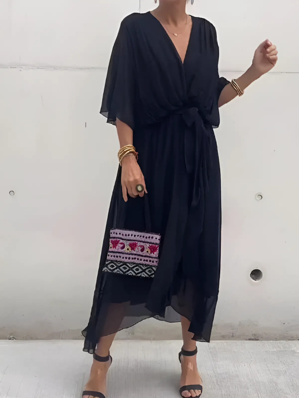 Women's Wrap Midi Dress Elegant Front Tie Waist Flowing Summer Cocktail