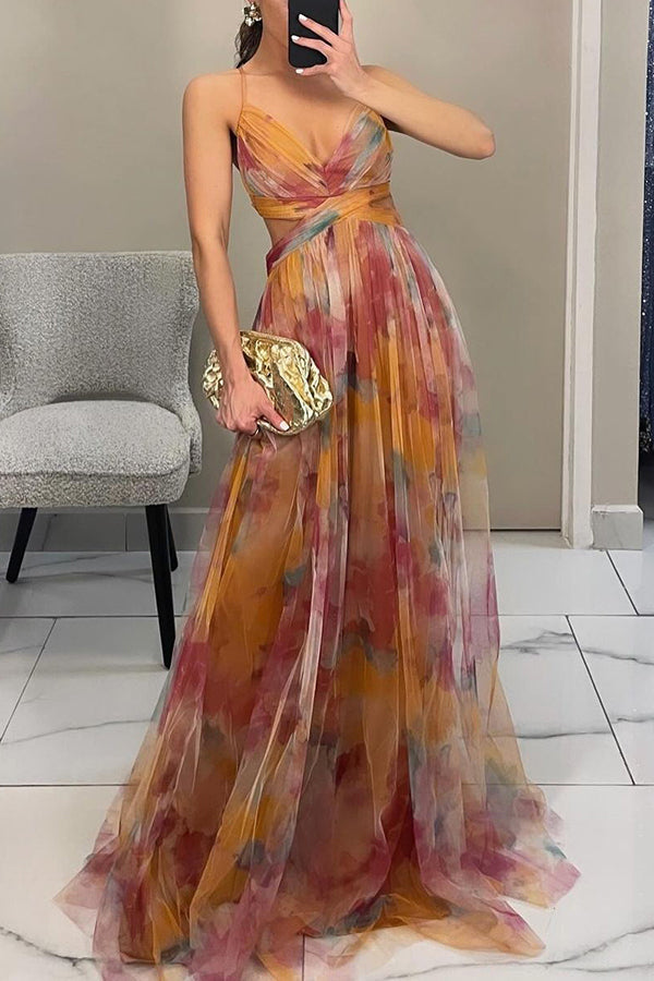 Women's Floral Maxi Dress Elegant V-Neck Layered Formal Evening Gown