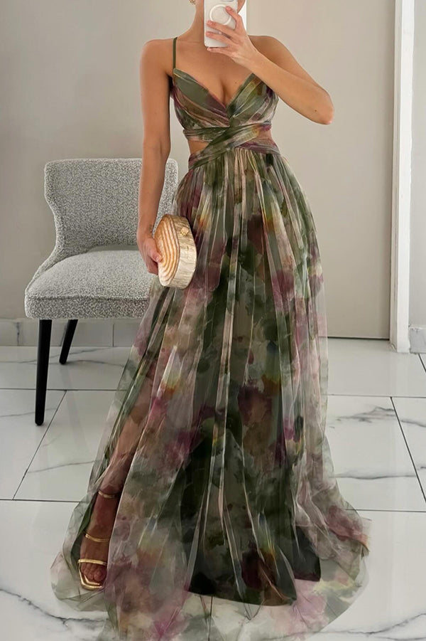Women's Floral Maxi Dress Elegant V-Neck Layered Formal Evening Gown