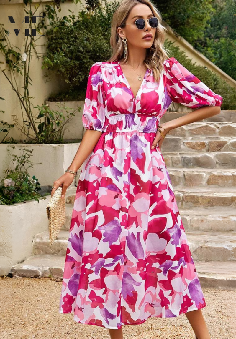 Women's Midi Dress Elegant Casual V-Neck A-Line Dress