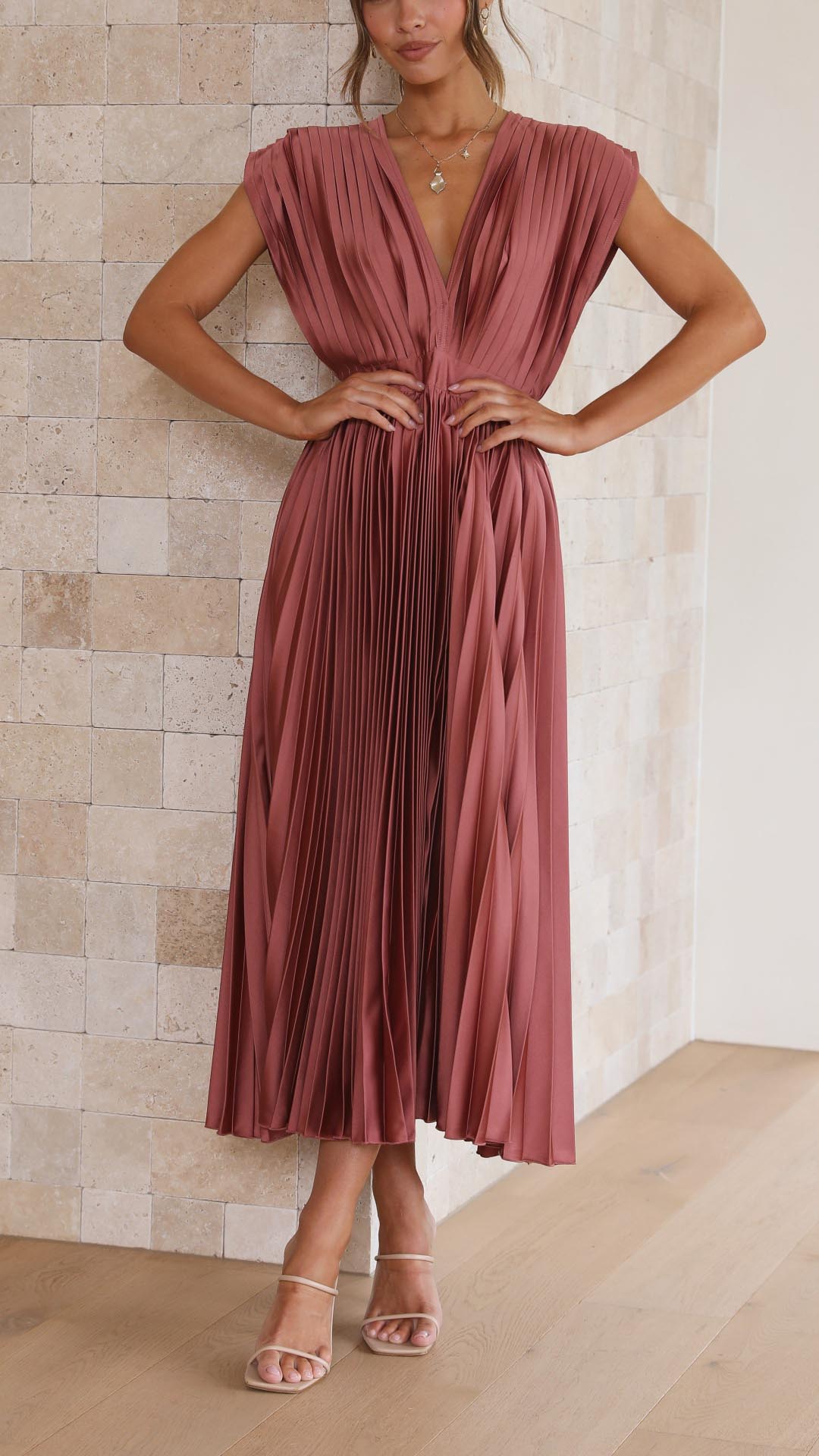 Women's Pleated Midi Dress Elegant V-Neck Cocktail Party A-Line Dress
