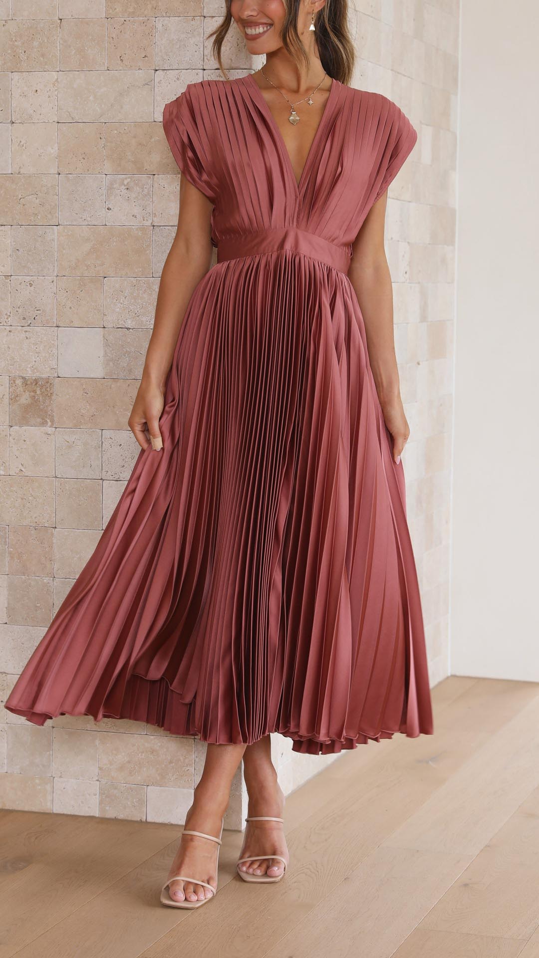 Women's Pleated Midi Dress Elegant V-Neck Cocktail Party A-Line Dress