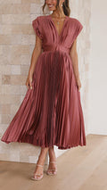 Women's Pleated Midi Dress Elegant V-Neck Cocktail Party A-Line Dress
