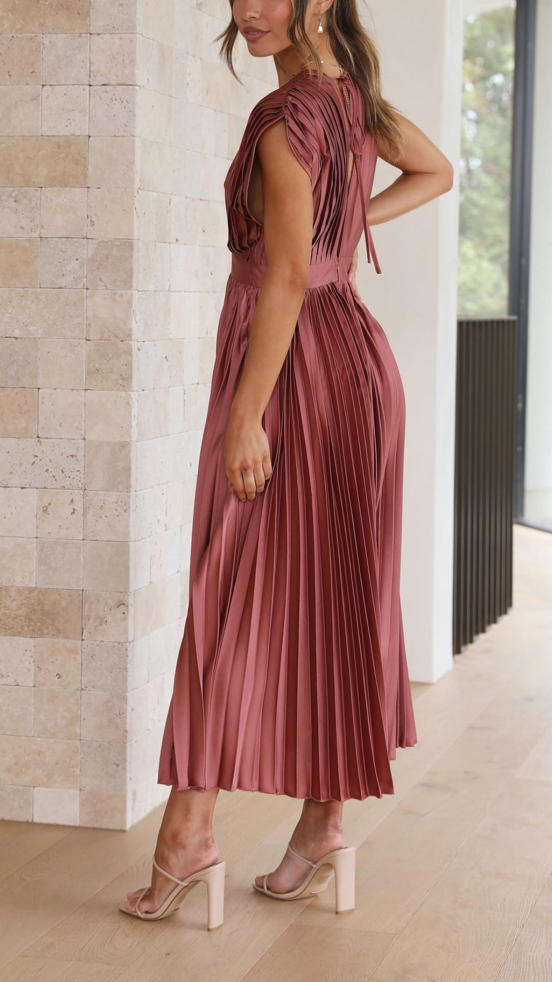 Women's Pleated Midi Dress Elegant V-Neck Cocktail Party A-Line Dress