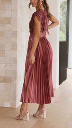 Women's Pleated Midi Dress Elegant V-Neck Cocktail Party A-Line Dress