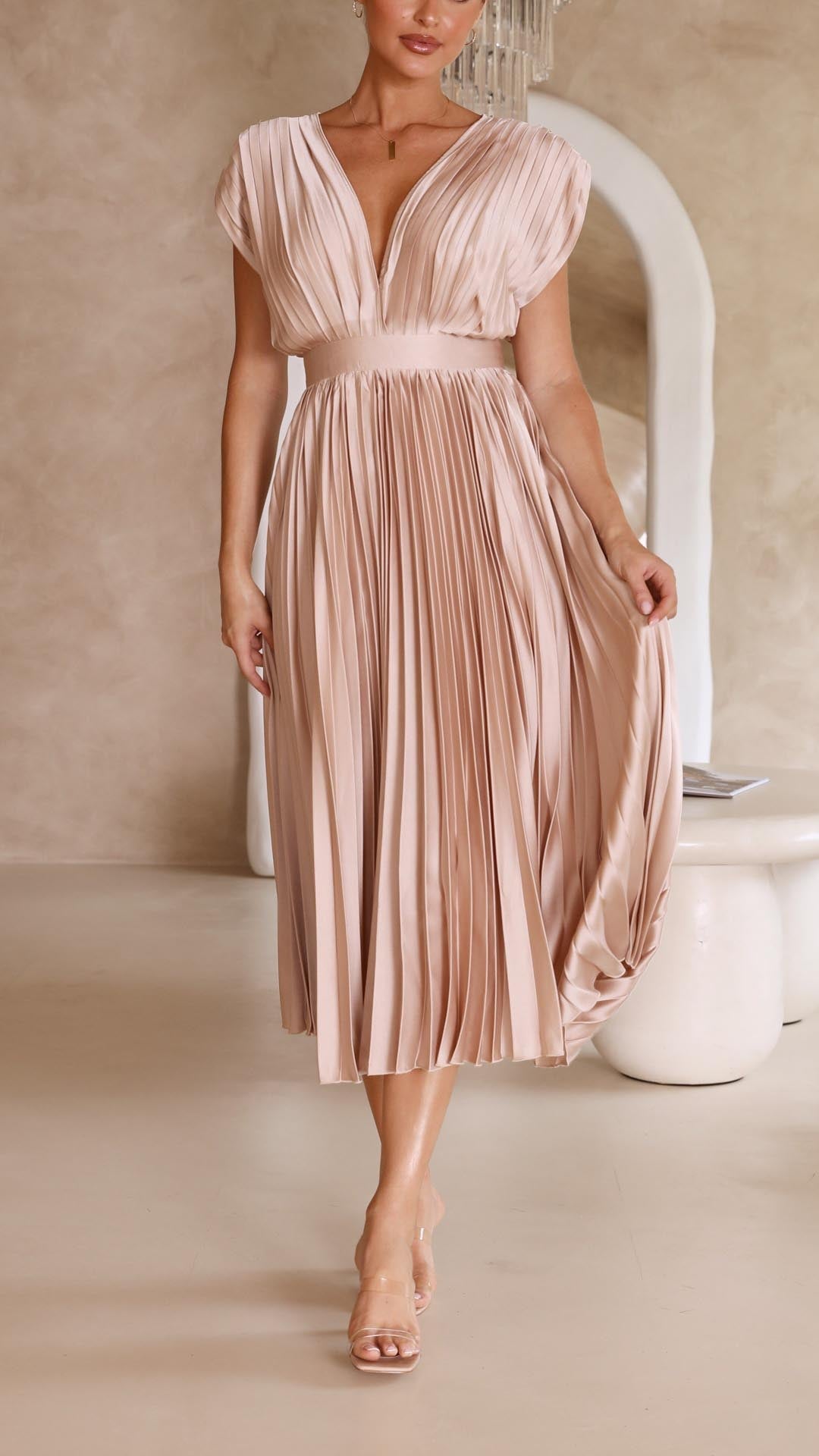 Women's Pleated Midi Dress Elegant V-Neck Cocktail Party A-Line Dress