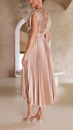Women's Pleated Midi Dress Elegant V-Neck Cocktail Party A-Line Dress