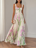 Women's Pleated Wedding Guest Maxi Dress Square Neck A-Line Evening Gown