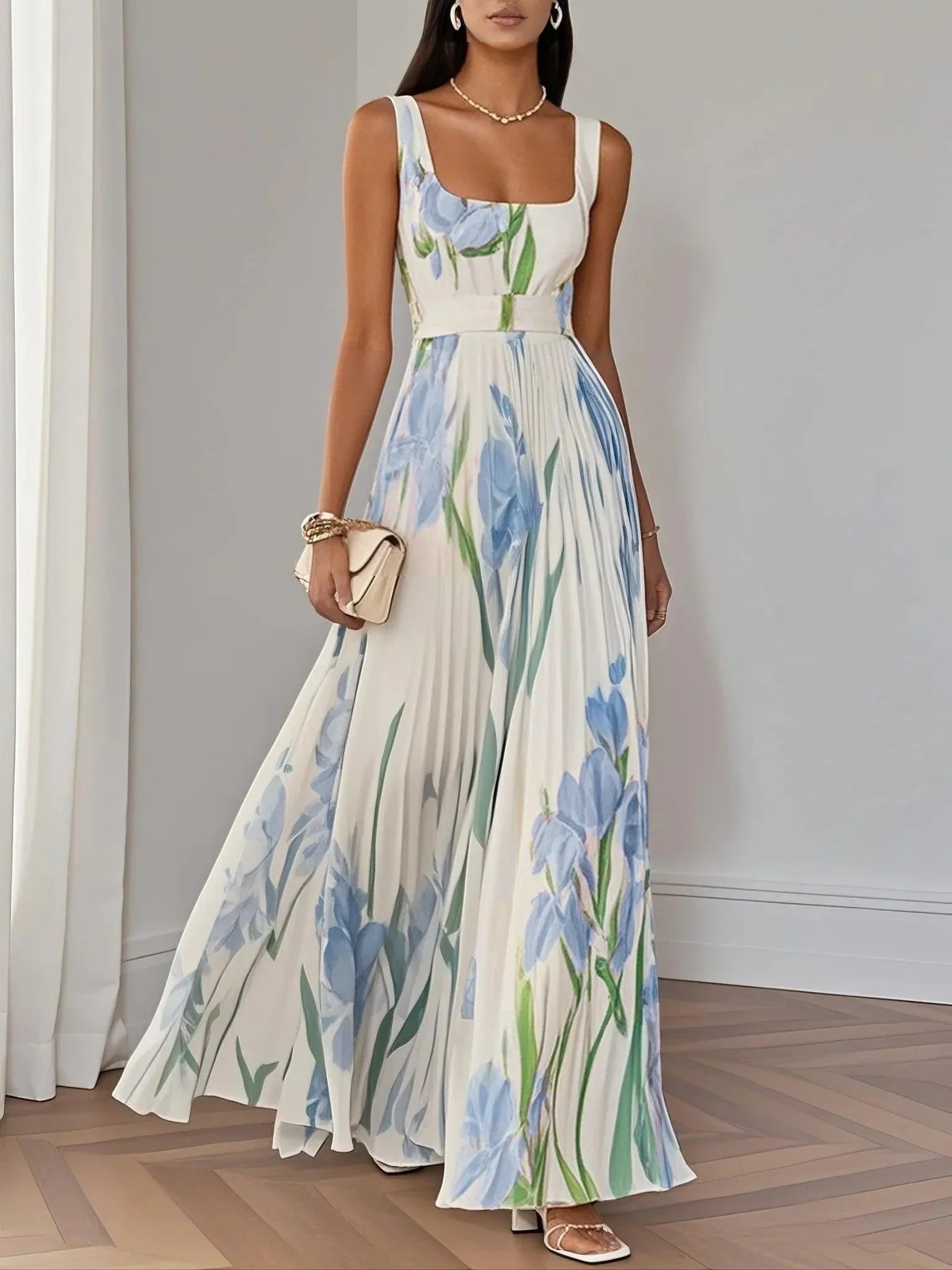 Women's Pleated Wedding Guest Maxi Dress Square Neck A-Line Evening Gown