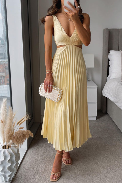 Women's Pleated Wedding Guest Midi Dress Elegant V-Neck Cut-Out