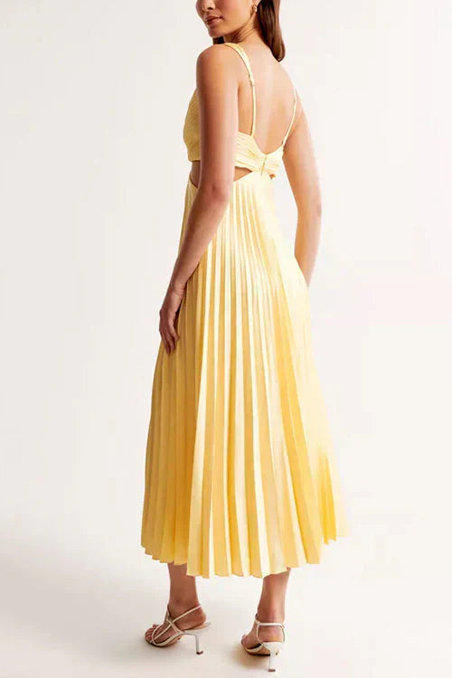 Women's Pleated Wedding Guest Midi Dress Elegant V-Neck Cut-Out