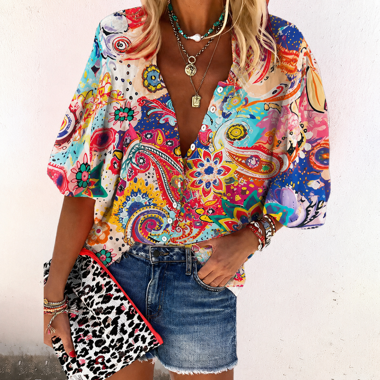Women's Boho Print Button-Down Blouse Casual Vintage