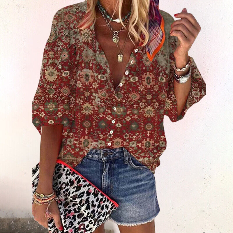 Women's Boho Print Button-Down Blouse Casual Vintage