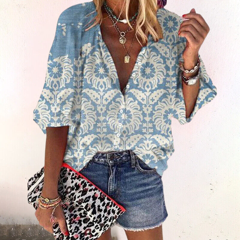 Women's Boho Print Button-Down Blouse Casual Vintage