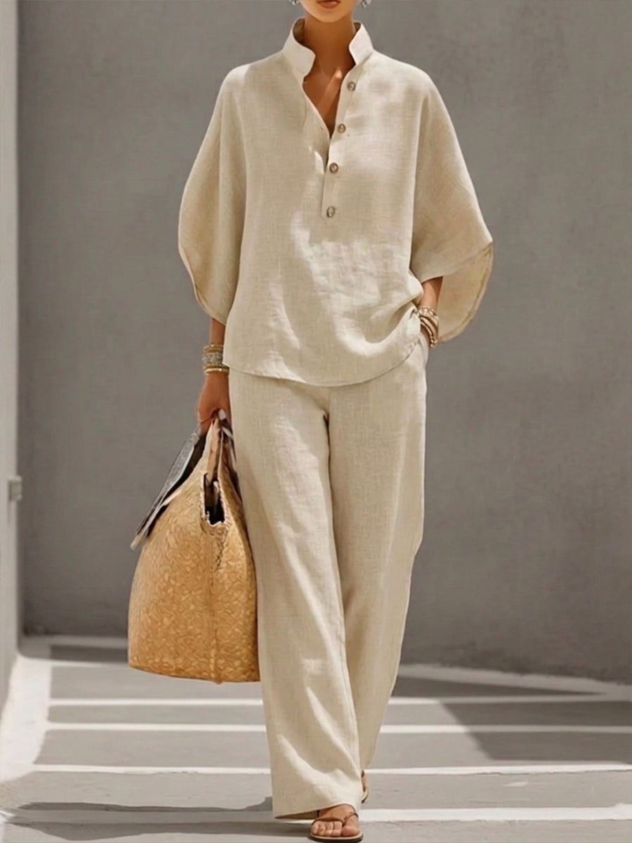 Women's Two-Piece Summer Set Casual Batwing Sleeve Top Wide Leg Pants