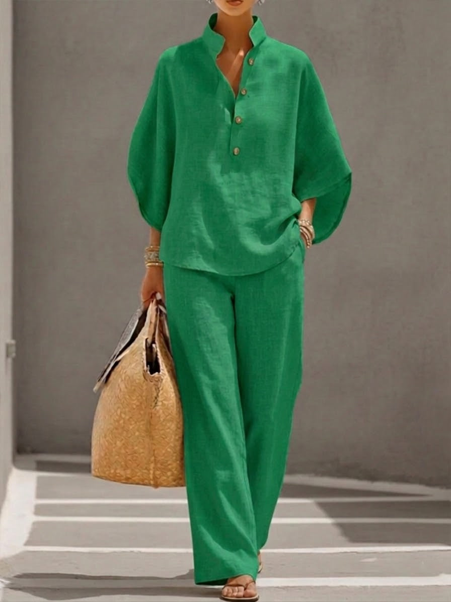 Women's Two-Piece Summer Set Casual Batwing Sleeve Top Wide Leg Pants