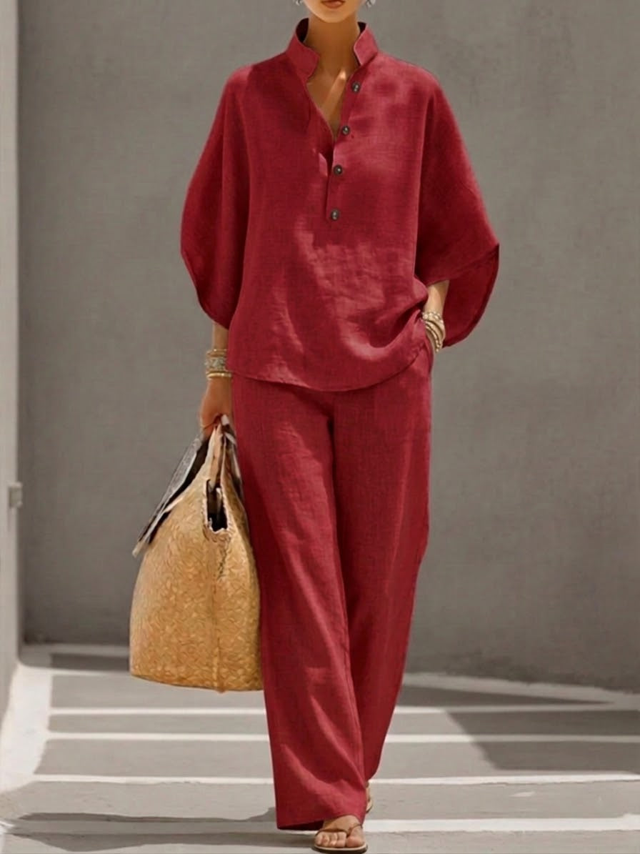 Women's Two-Piece Summer Set Casual Batwing Sleeve Top Wide Leg Pants