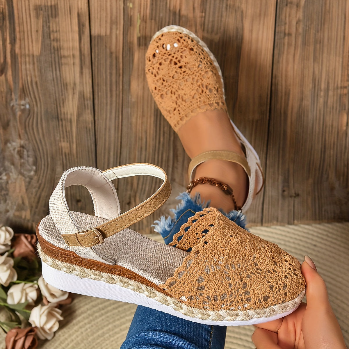Women's Orthopedic Boho Sandals Closed Toe Crochet Espadrille Wedge
