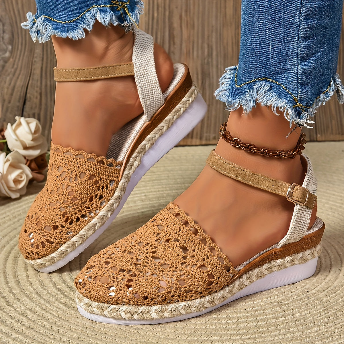Women's Orthopedic Boho Sandals Closed Toe Crochet Espadrille Wedge