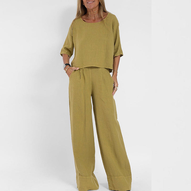 Women's Two-Piece Set Relaxed Fit Short Sleeve Top and Wide-Leg Pants