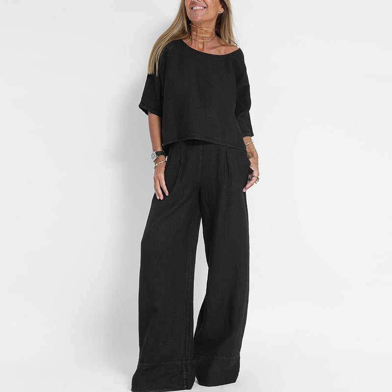 Women's Two-Piece Set Relaxed Fit Short Sleeve Top and Wide-Leg Pants