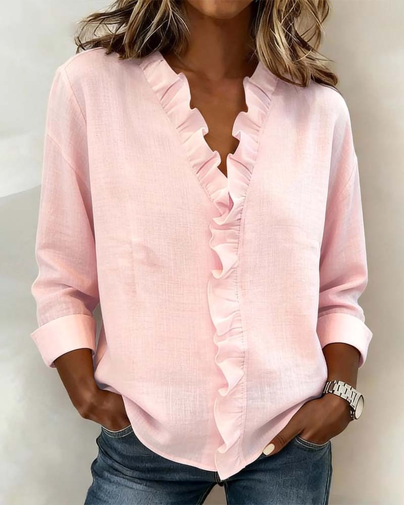 Women's Ruffle V-Neck Blouse Long Sleeve Casual Pullover