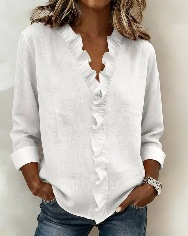 Women's Ruffle V-Neck Blouse Long Sleeve Casual Pullover