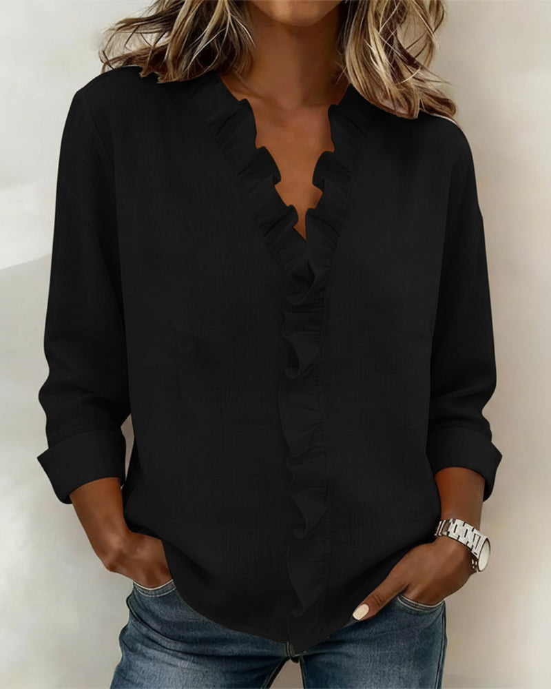 Women's Ruffle V-Neck Blouse Long Sleeve Casual Pullover