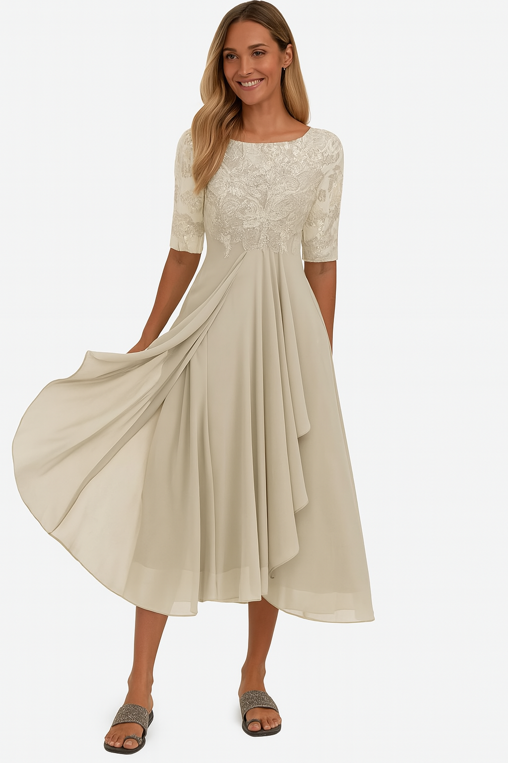Women's A-Line Midi Dress Floral Lace and Layered Skirt