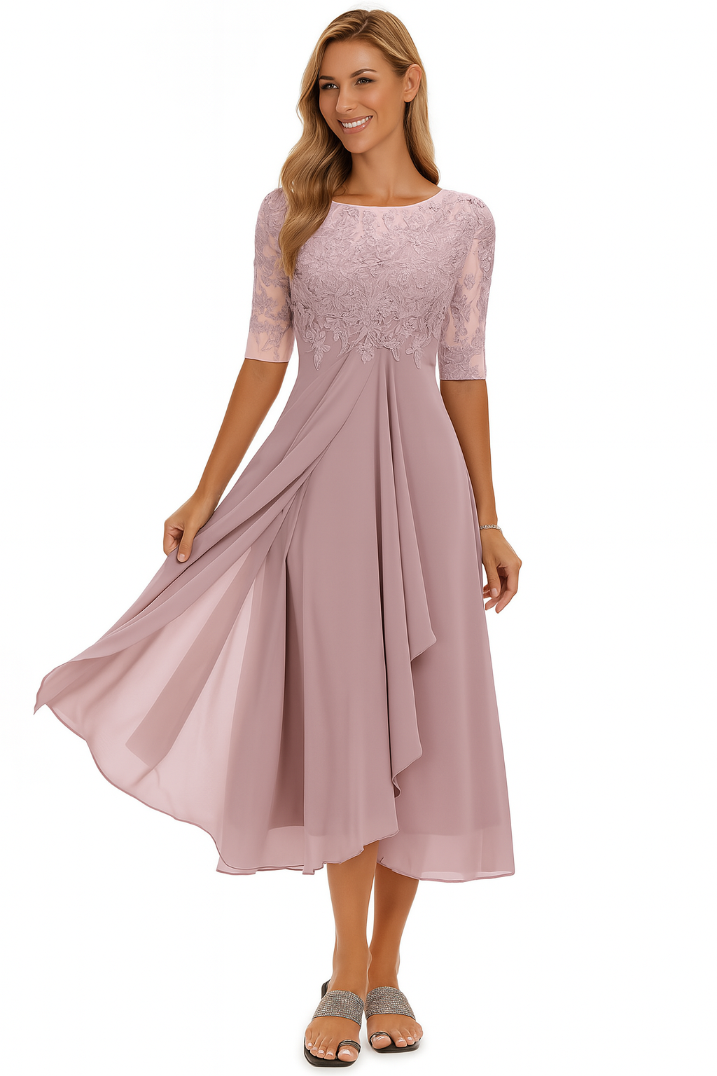 Women's A-Line Midi Dress Floral Lace and Layered Skirt