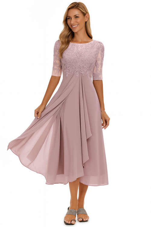 Women's A-Line Midi Dress Floral Lace and Layered Skirt