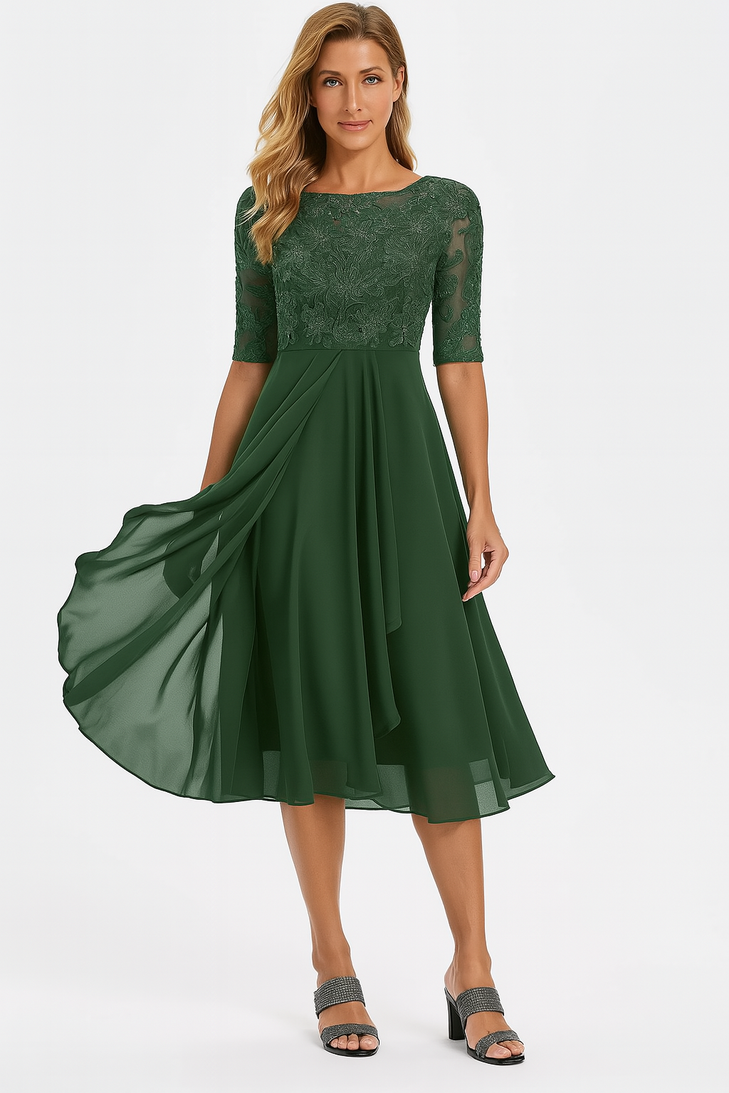 Women's A-Line Midi Dress Floral Lace and Layered Skirt