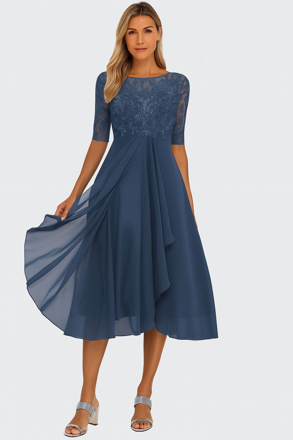Women's A-Line Midi Dress Floral Lace and Layered Skirt
